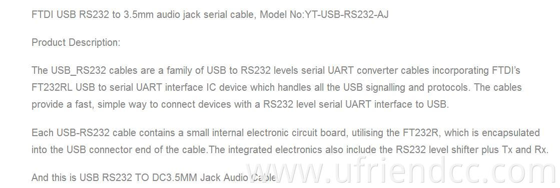 FTDI TTL RS 232 PL2303 USB To DC 3.5 Jack Cable For Series UART Interface Hardware Software